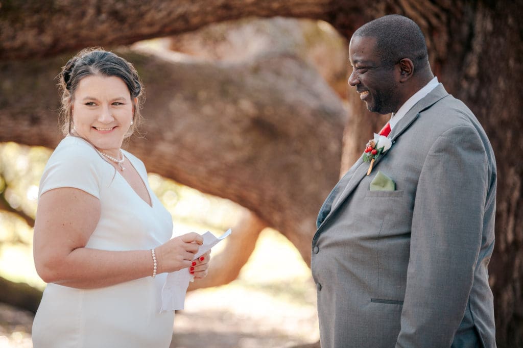 Bride looking at Guests during Philippe Park Wedding