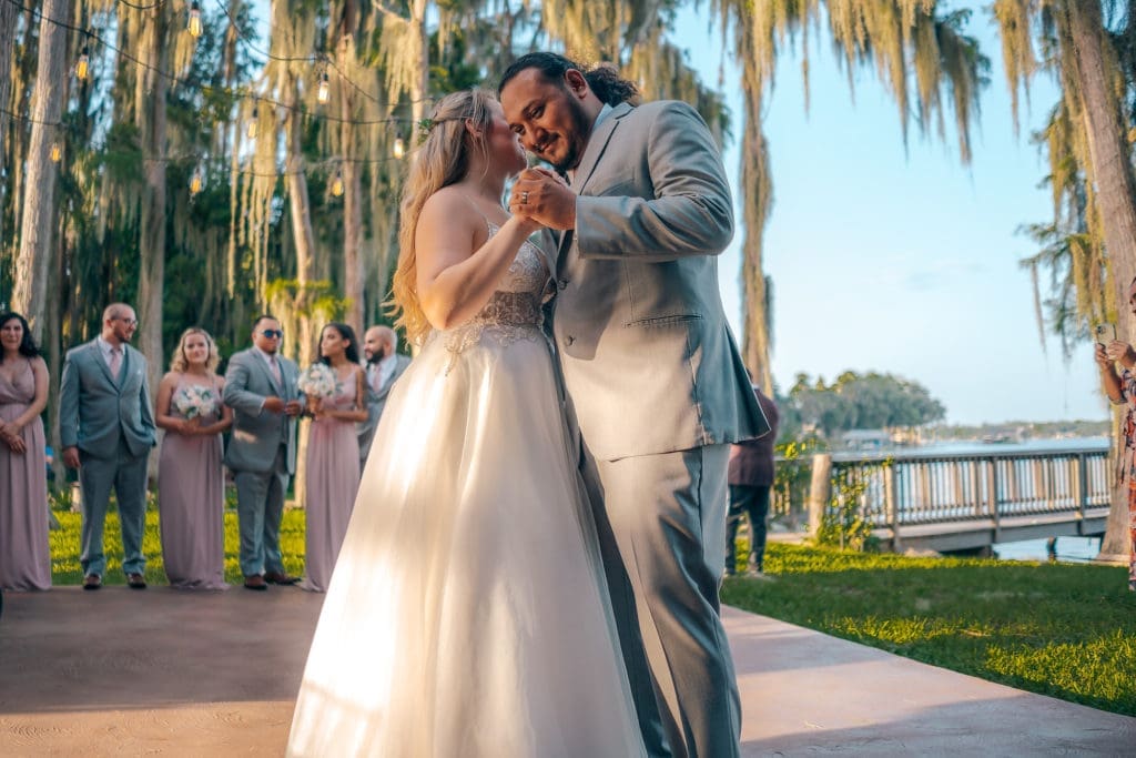 Bride and groom dancing at reception at Knotted Roots on the Lake